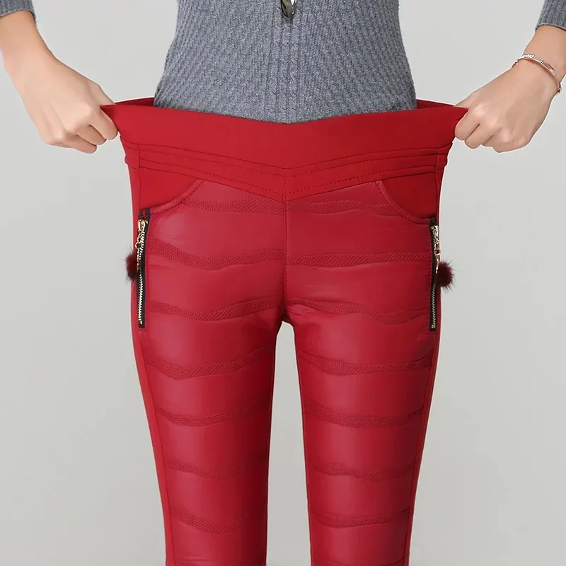 Женские пуховые брюки с высокой эластичной резинкой на талии, женские зимние теплые зимние брюки, женские эластичные элегантные