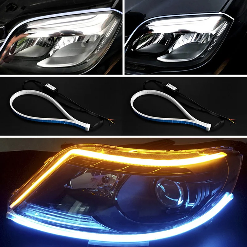 

2pcs Car Turn Signal Light Safety Car Accessory Slim Amber Sequential Flexible LED DRL Strip for Headlight Daytime Running Decor