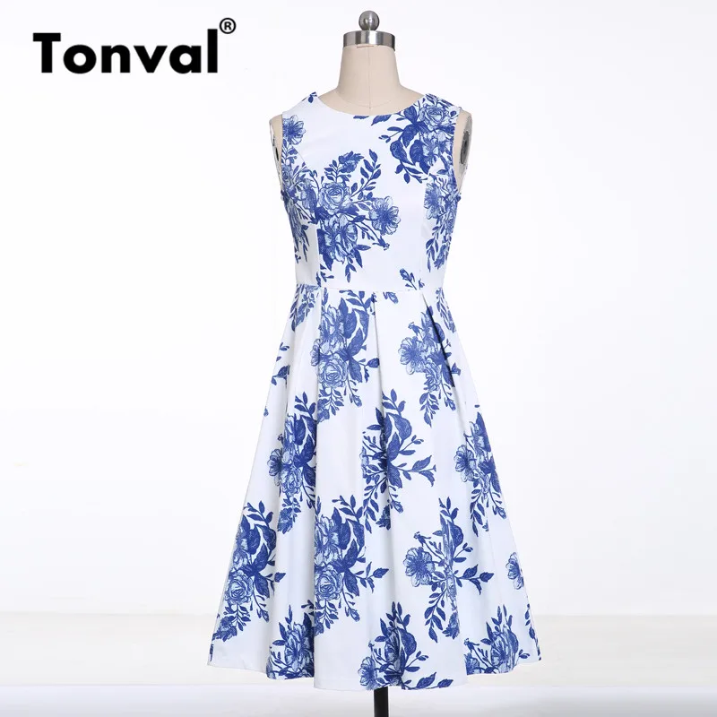 Тонваль белое Плиссированное повседневное цветочное винтажное летнее платье женское Элегантное синее цветочное миди ретро платье с высокой талией