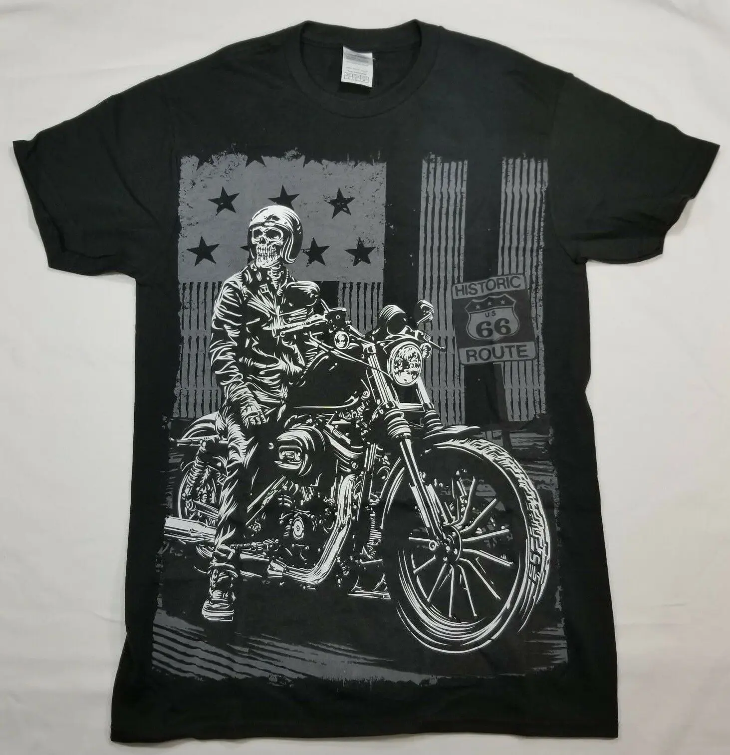 

Skull Biker Men's Small T-Shirt Route 66 American Flag Motor Cycle