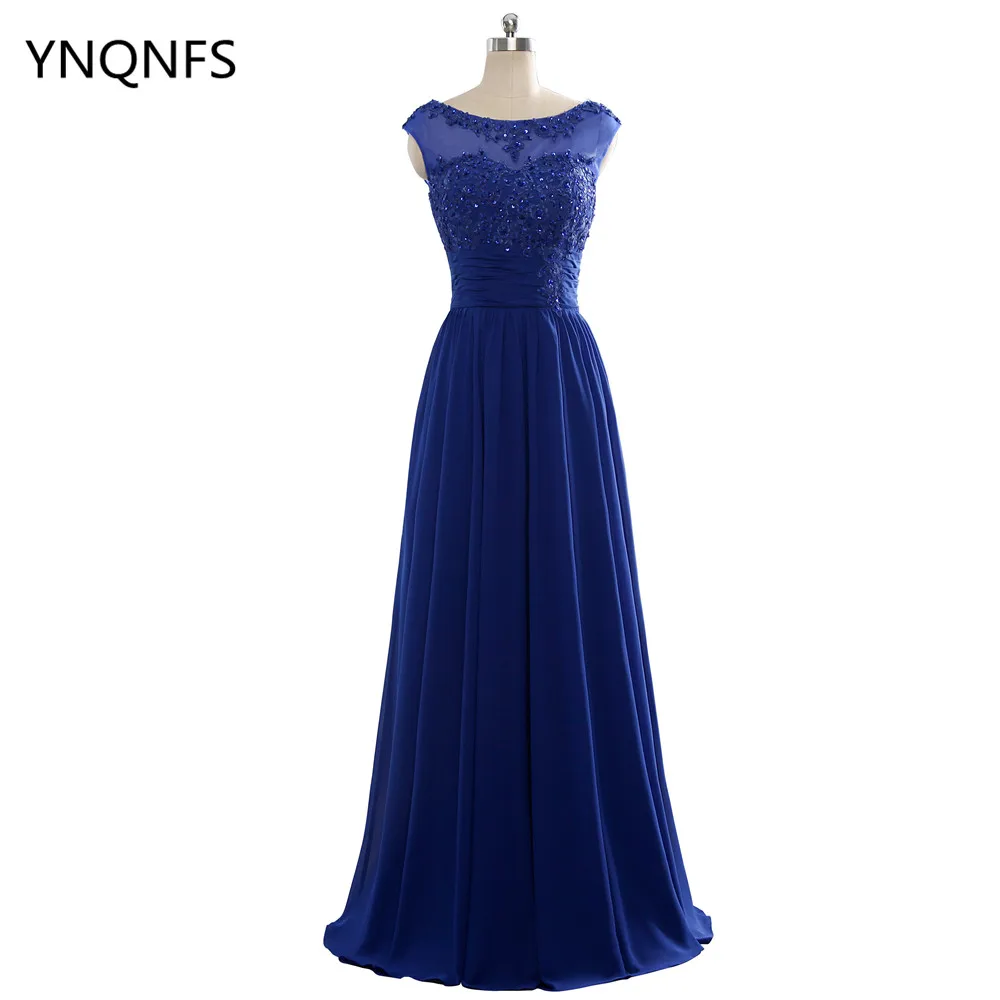 2018 A Line Long Evening Dresses O Neck Chiffon Lace Sequins Sleeveless Cap Sleeve