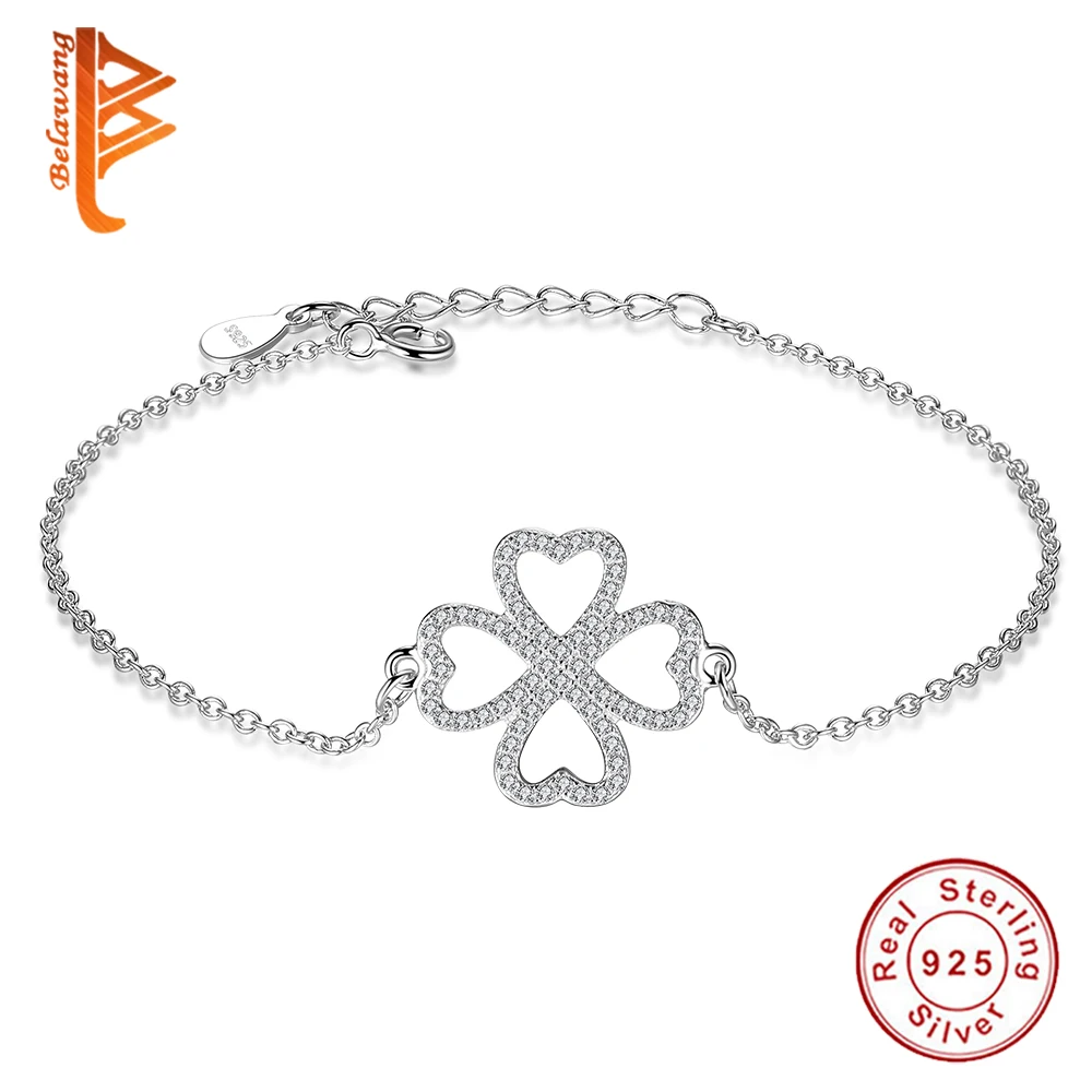 BELAWANG Luxury 925 Sterling Silver Four Leaf Clover Heart Charm Bracelet for Women Adjustable Link Chain Bracelet Party Jewelry