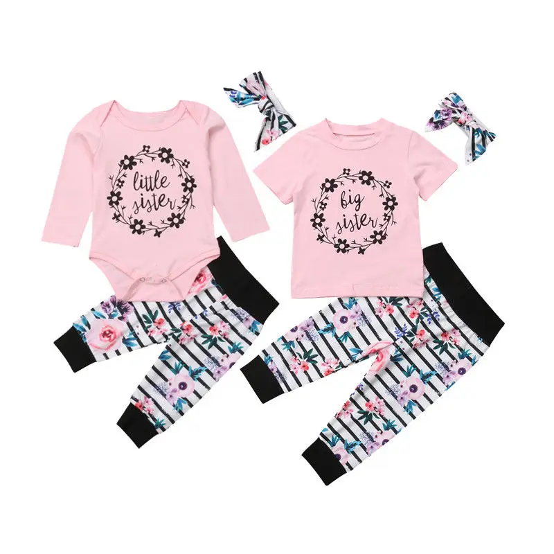 

Family Clothes Set Sister Newborn Baby Girls Floral Long Sleeve Romper T-shirt Striped Floral Pants Headband Outfits Set