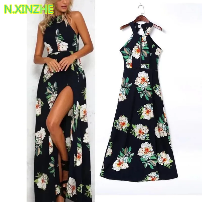 

2018 women clothing sleeveless halter back lace-up slit print dress Female fashion sexy backless slim maxi long dresses S2924