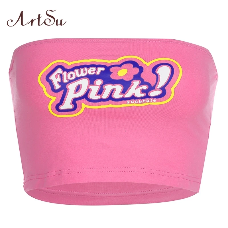 

ArtSu Pink Cute Crop Top Printed Strapless Bandeau Tube Top Sleeveless Backless Wrap Tops Women Casual Summer ASVE20712