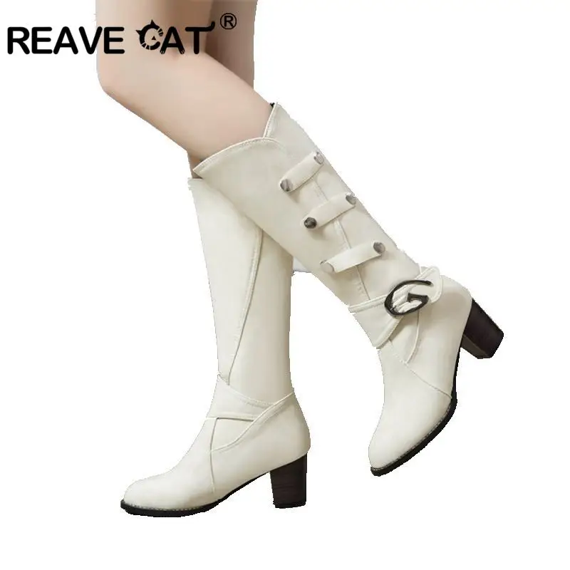 

REAVE CAT large size 34-48 Winter knee high boots for Woman 6cm block high heels slip on shoes botas mujer white black Party