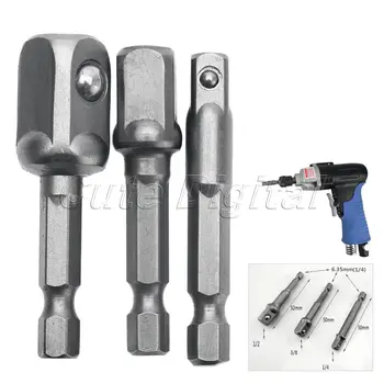 3pcs Wood Drill Tools Chrome Vanadium Steel Socket Adapter Set Hex Shank to 1/4