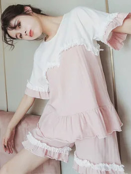 

RenYvtil Pajamas Suit Women's Cute Suit Princess Short-sleeve and Short Pant 2-piece Cotton Female Home Wear Sleep Dropshipping