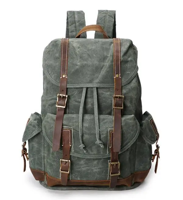 

Waterproof Canvas and Real Cowhide Leather Backpack Men Vintage Drawstring Rucksack Travel String 17'' Laptop Bookbag Women