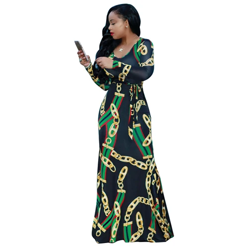 Новые африканские Дашики Модные платья с длинными рукавами популярная цифровая печать эластичное Трендовое платье размер s m l xl XXL 3XL - Цвет: Зеленый