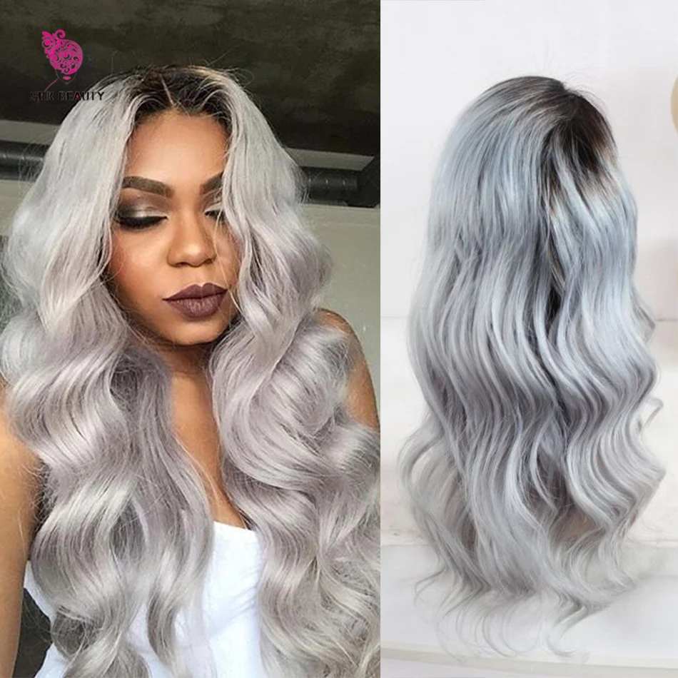 Custom Ombre Human Hair Lace Front Wig Brazilian Grey Full Lace Human Hair wigs With Dark Roots