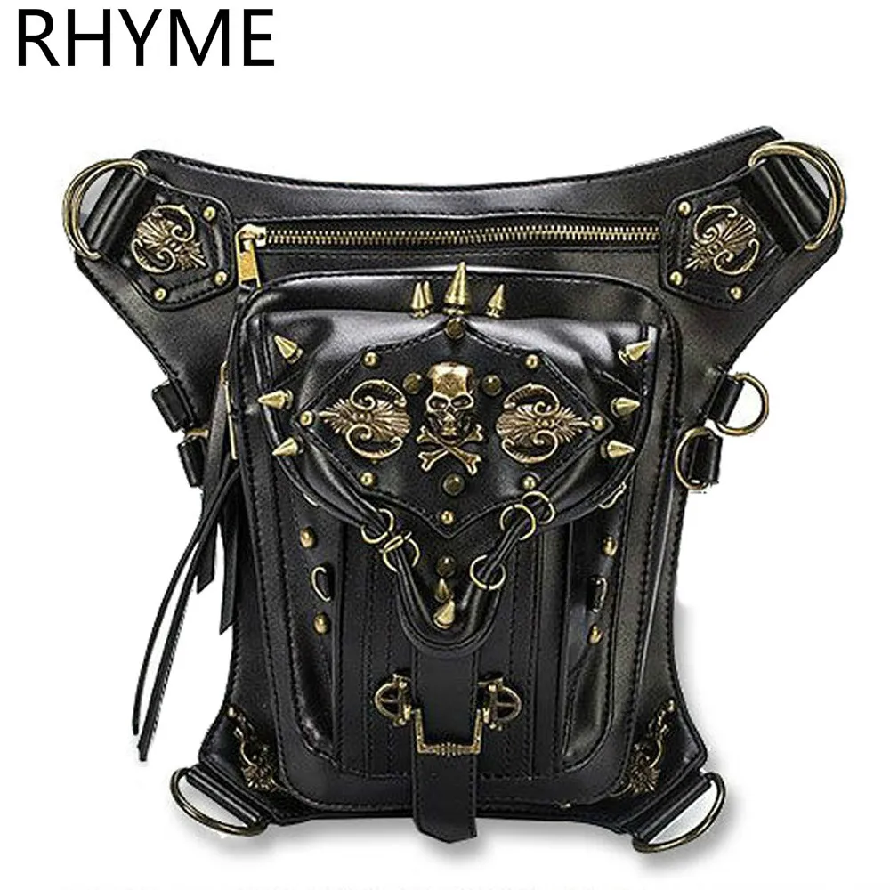 ФОТО RHYME Fashion Gothic Steampunk Skull Retro Rock Bag Men Women Waist Bags Shoulder Bolso Phone Case Holder Messenger Sac