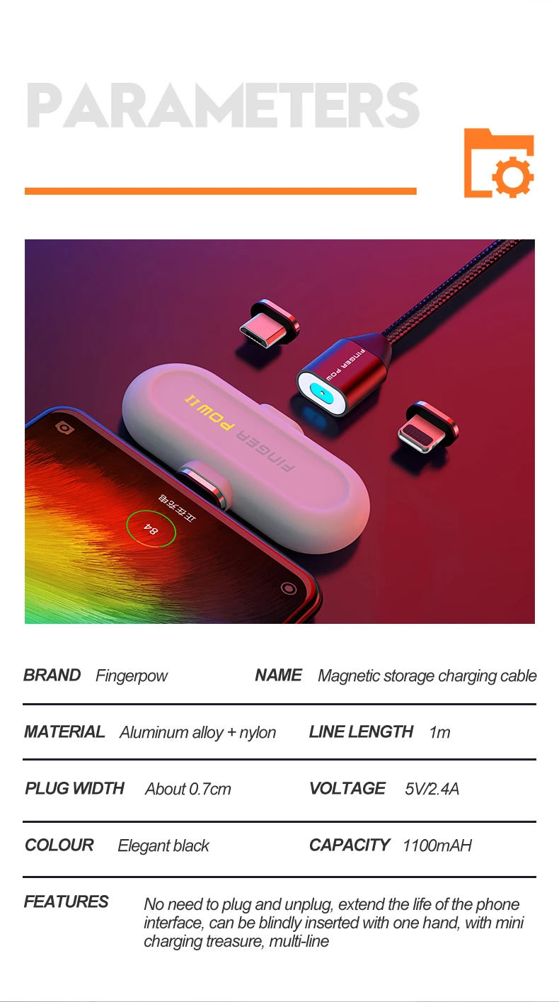 Finger Pow Мини Магнитный внешний аккумулятор для iPhone/Micro USB/type C 1100 мАч Fingerpow Быстрая Зарядка Внешний аккумулятор с магнитным кабелем