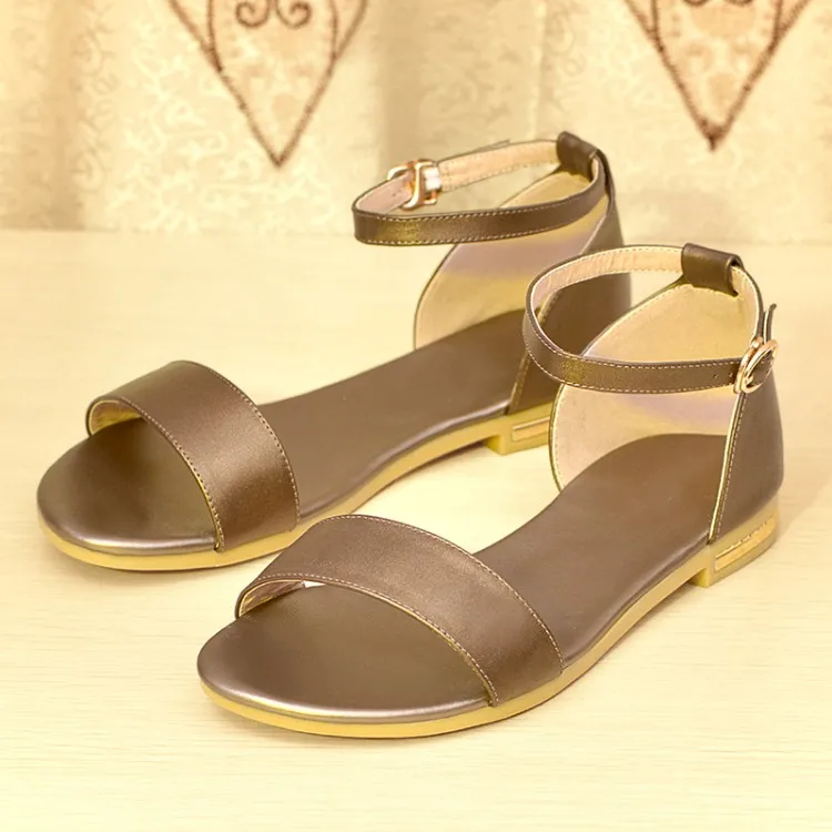 

Summer women's shoes sweet beauty top layer leather flat sandals high quality rhinestone casual flat shoes XL 31-46 Sandalias