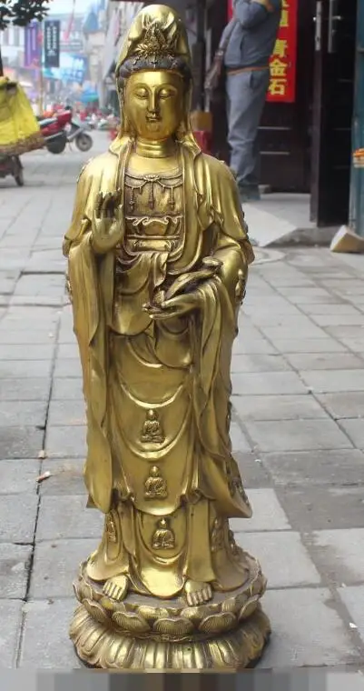 

S01374 30" Bronze Stand Lotus Kwan-yin Bodhisattva Goddess Hold Ruyi Buddha Statue (B0328)