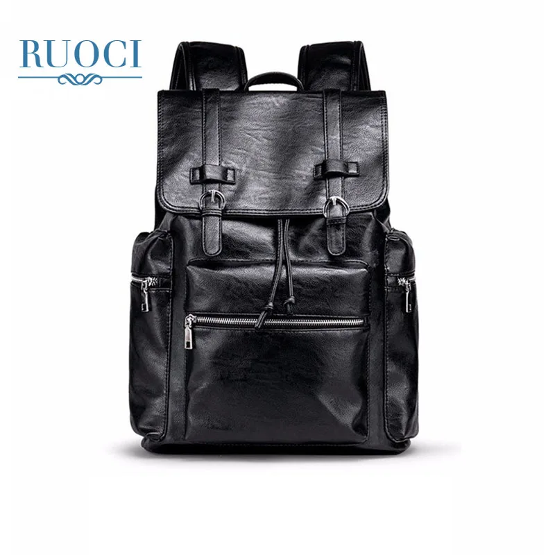

RUOCI Designer Men Leather 15.6 inch Backpack Men's School Backpack Bag Bagpack Mochila Feminina Black brown Travel Bag