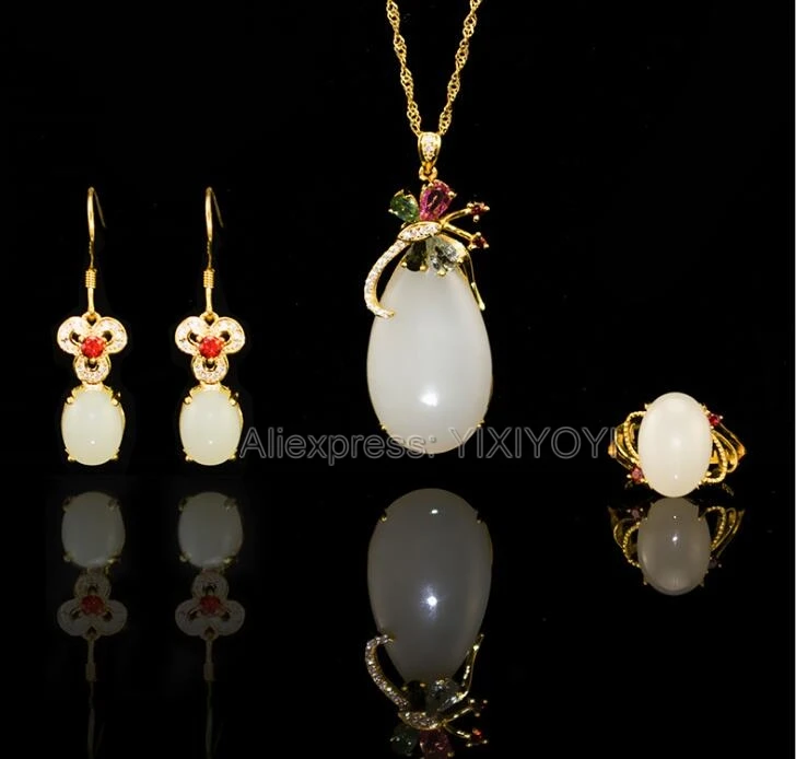 

925 Silver Natural White White HeTian Jade Beads Inlay Elegant Dangle Lucky Pendant Necklace Earring Ring Fine Jewelry Set