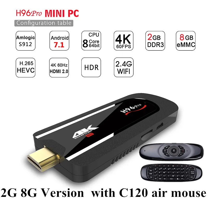H96 Pro 2G 16G Android 7,1 tv Stick 8 Core Amlogic S912 tv dongle Airplay Miracast H.265 BT4.1 H96Pro Mini Pc W/Fly Air mouse - Цвет: 2G 8G with C120