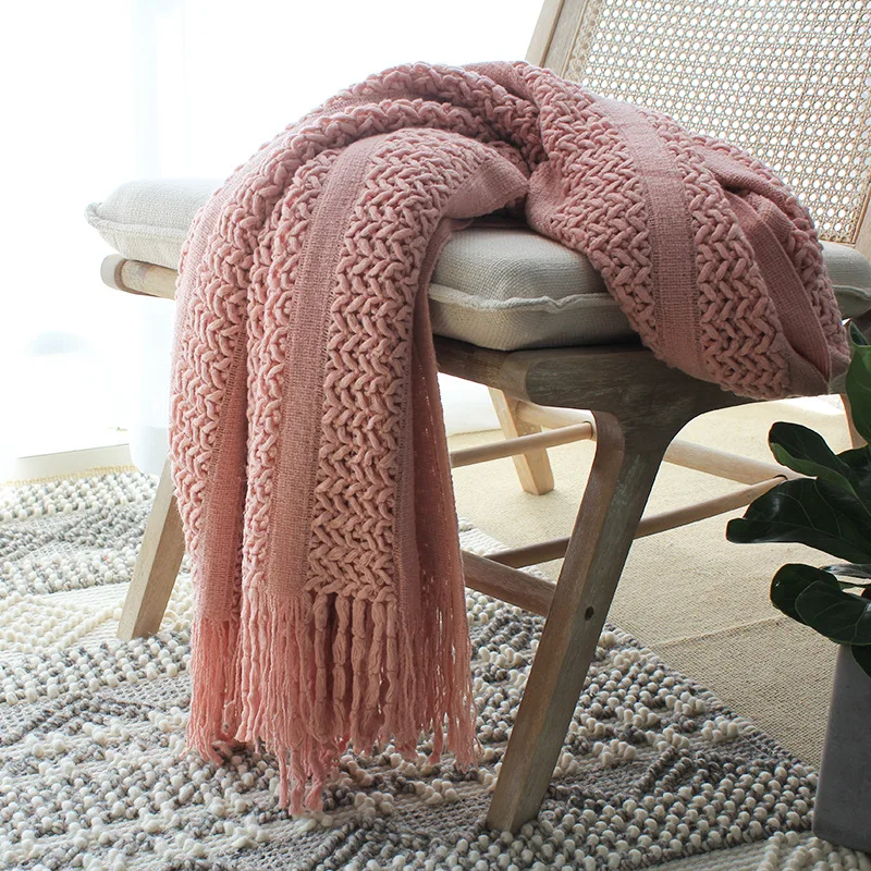 Drop Shipping 127*230cm Nordic Hollow Knitted Blanket Adult Solid Throw