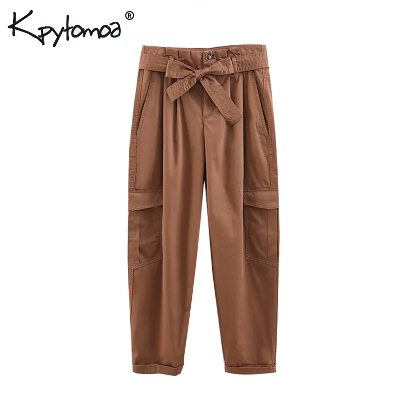 

Vintage Pockets Cargo Pants Women 2019 Fashion Zipper Fly Bow Tie Sashes Ladies Streetwear Trousers Casual Pantalon Mujer