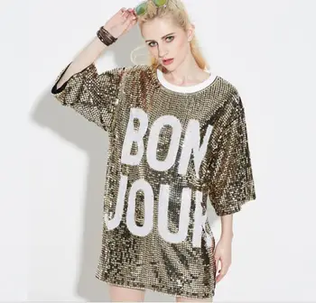 

Unicorn Kpop Tumblr Europe And America 2019 Summer Sequins New Loose Comfortable Long Section Seven-point Sleeves Round T-shirt