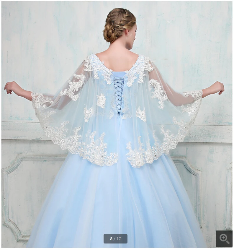 Vestido De Festa sky blue ball gown 3/4 sleeve lace appliques beaded prom dress v neckline modest muslim women prom gowns