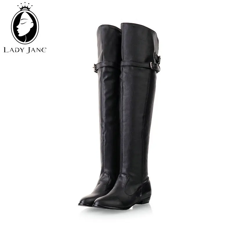 

Lady Jane Punk Low Heels Knight Boots Women 2020 Black Round Toe PU Leather Over The Knee High Boots Size 34-43 Ladies Booties