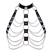 Лазерная из искусственной кожи портупея бюстгальтер регулируемый белье боди бондаж пикантные открытые топы, ботинки для панков и готов, уплотнительное кольцо металлической цепью Хэллоуин рейв