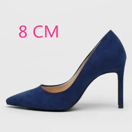 Женские туфли-лодочки из флока на высоком каблуке с острым носком, пикантная женская обувь на тонком каблуке, chaussure femme, осень - Цвет: Blue-8CM Heel