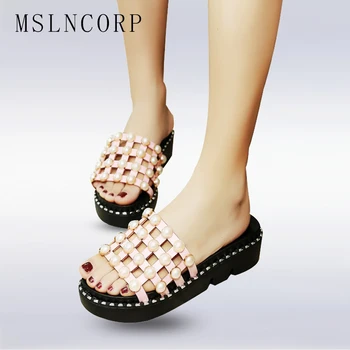

Plus Size 34-44 Fashion summer women slippers wedges heel platform pearls rivets Checkered casual beach outdoor slippers shoes