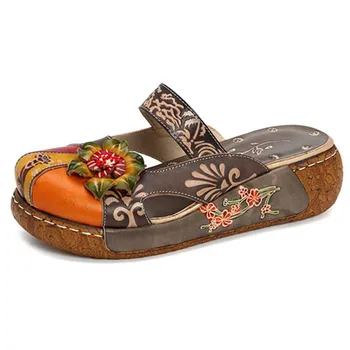 

Handmade Genuine Leather Women Slippers Printing Retro Flat Women Shoes Casual Non-Slip Outdoor Slides Summer Shoe Lady 36~41