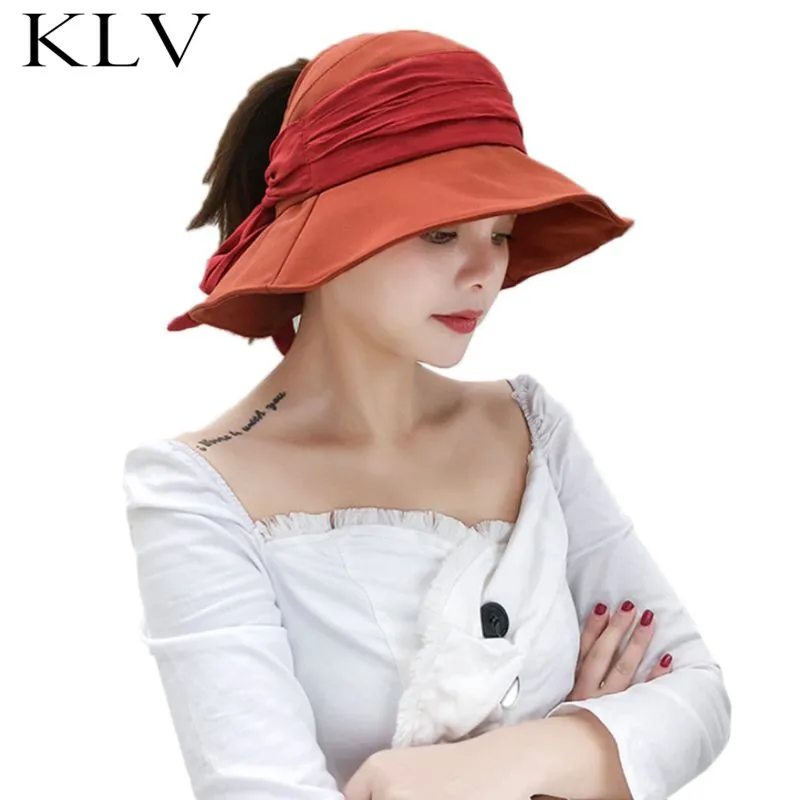 

Womens Summer Pleated Bowknot Cotton Sun Visor Hat Flexible Wide Brim Open Top Bright Solid Color Beach Adjustable Bucket Cap