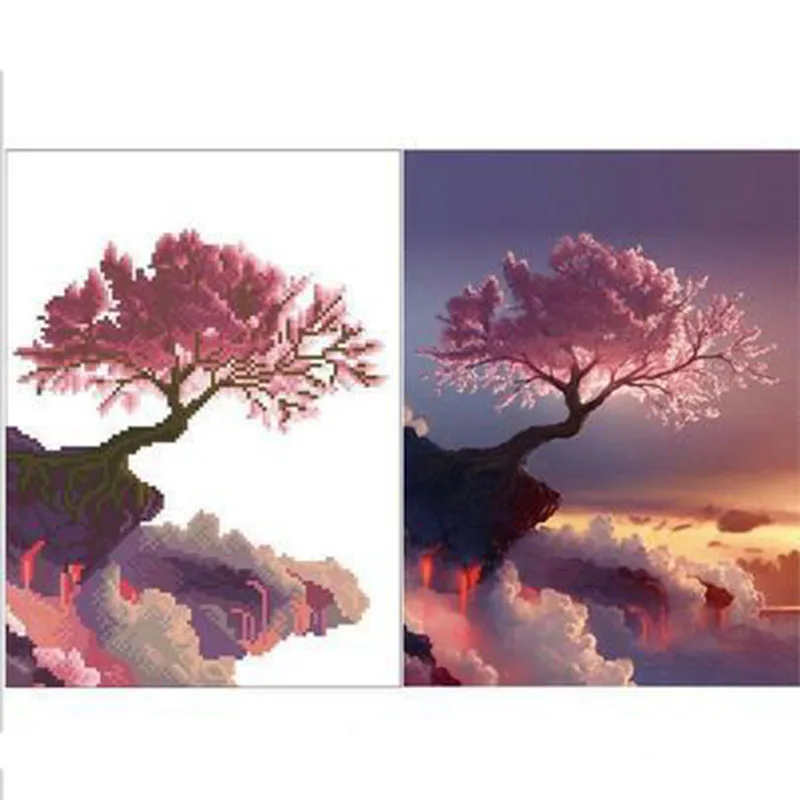 New 5D DIY Not Full Diamond Painting Round Drill Sakura tree on volcanic cliff Embroidery Cross Stitch gift Home Decor Gift (2)