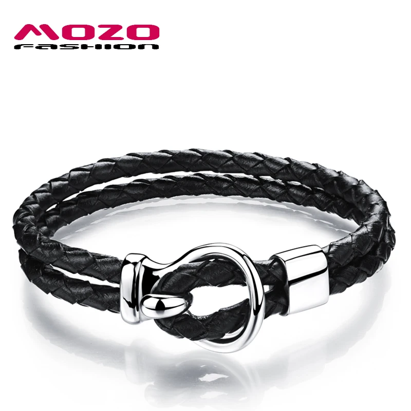 

MOZO FASHION Man Bracelet Black Leather Rope Chain Bracelet Simple Stainless Steel Buckle Hook Bracelets Cool Men Jewelry MPH978