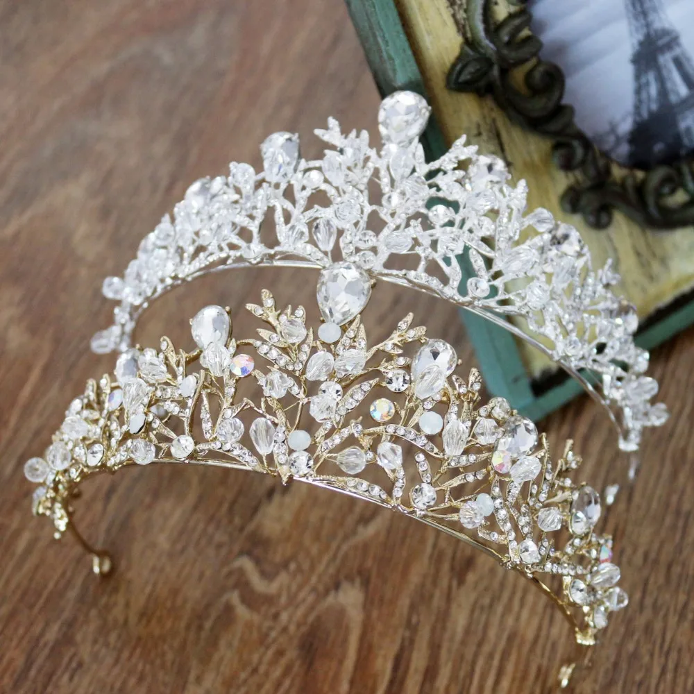 

Romantic Gold Silver Hair Tiara Crown Rhinestone Crystal Diadem Bridal Wedding Party Pageant Hair Jewelry For Women Brides