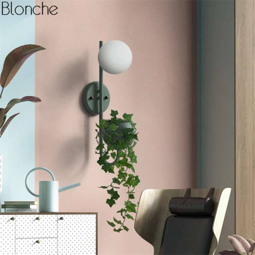  Nordic Macarons Plants Wall Lamp with Flowers Pot Glass Ball Lampshade Wall Sconce for Living Room  - 32893299204