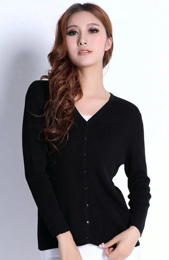 

The specials 100% silk knitting cardigan sweater V collar long sleeved sweater black (a large code)