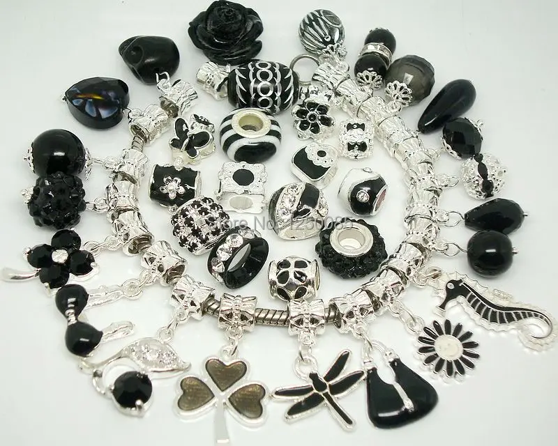 

Wholesale 50PCS/LOT Black Mixed style Motley Beads and Pendant Charms Fit European Bracelet and Necklace Jewelry making