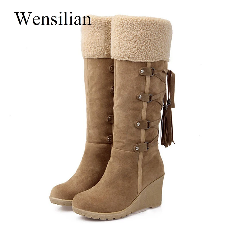 

Fashion Women Knee High Winter Boots Fringe Flock Wedges High Boots Plush Thermal Padded Ladies Black Boots Zapatos Mujer Botas
