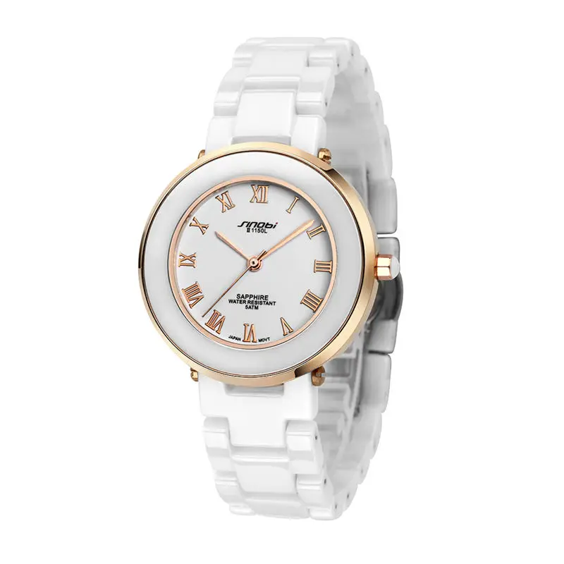 

SINOBI Brand Top Luxury Women Watches Water Resistant White Ceramic Women Quartz Watch High Quality Roman Numbe montre femme