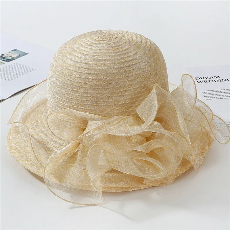 Women Wide Brim Sun Hats Vintage Ruffles Floral Organza Church Wedding Party cap Elegant Lady Fashion Beach Sunscreen Floppy hat