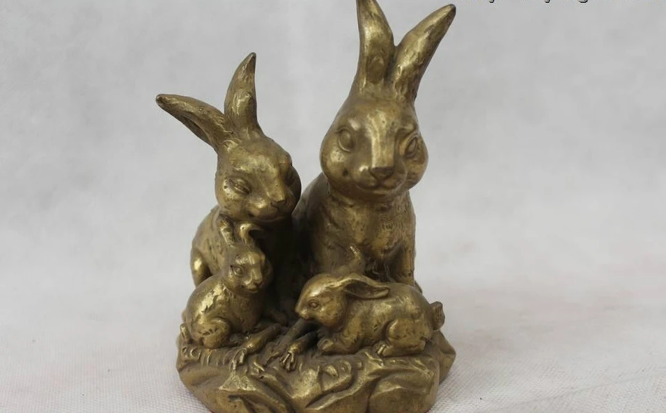 

5"Chinese Folk Fengshui Bronze Zodiac Year Money drawing Four rabbit Statue