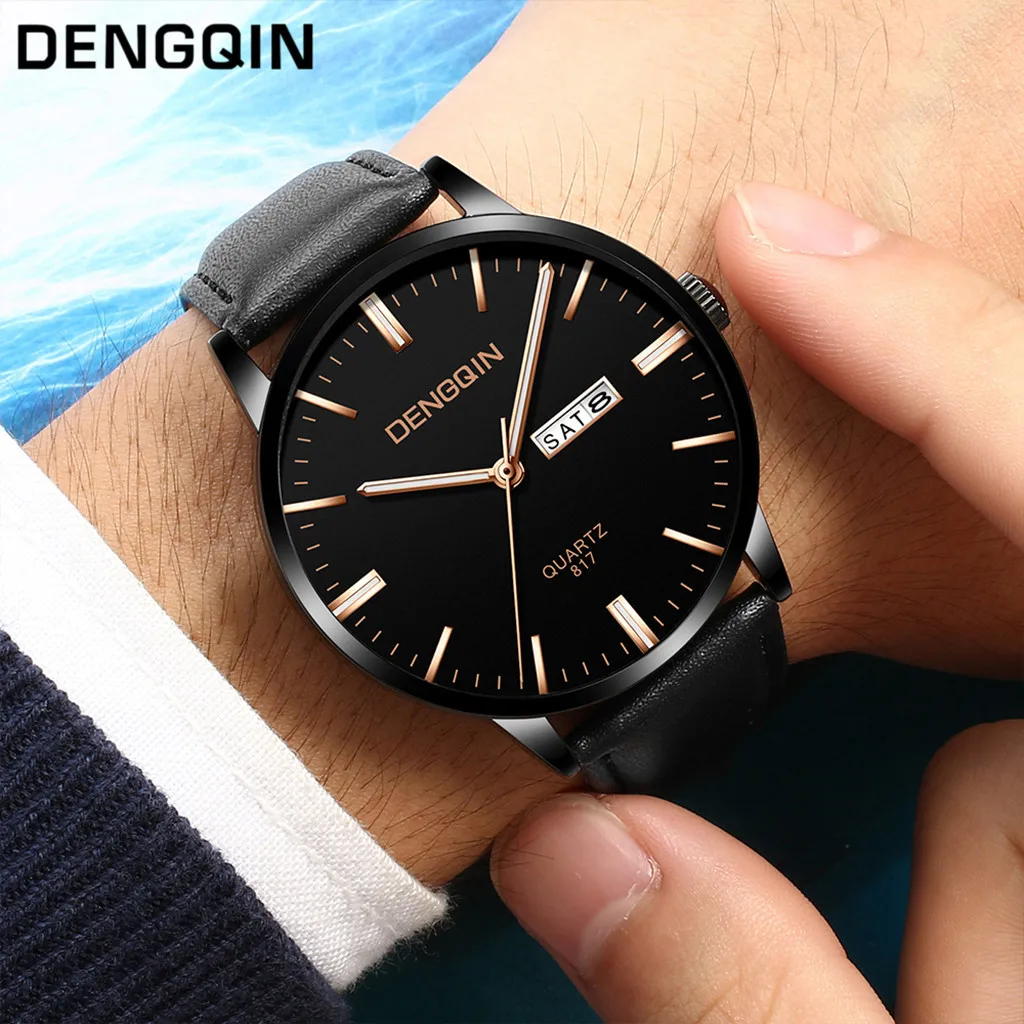 

DENGQIN Men Wrist Watches Sport Military Stainless Steel Dial Leather Band man watch quartz watch men day date man watches