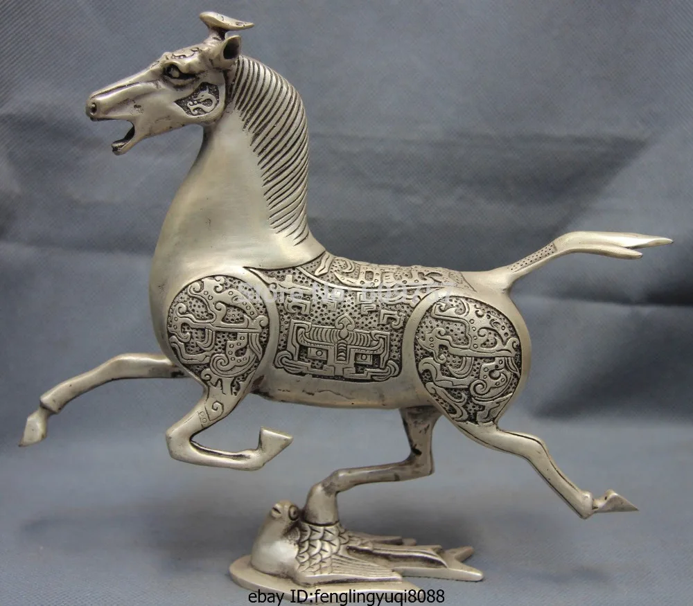 

rare Chinese Chinese Folk White Copper Silver Horse Stepping on Flying Swallow Horse Statue gift art bronze Genuine copper