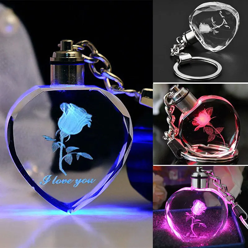 Модные светодиодный брелок держатель для ключей кольцо сумка унисекс Кристалл световой творческий красочный цветок в форме сердца