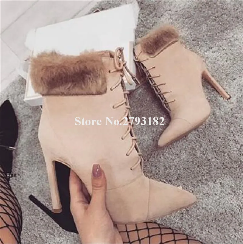 Winter Women Sexy Pointed Toe Suede Leather Ankle Fur Thin Heel Short Boots Lace-up Black Beige High Heel Ankle Warm Boots Winter Women Sexy Pointed Toe Suede Leather Ankle Fur Thin Heel Short Boots Lace-up Black Beige High Heel Ankle Warm Boots