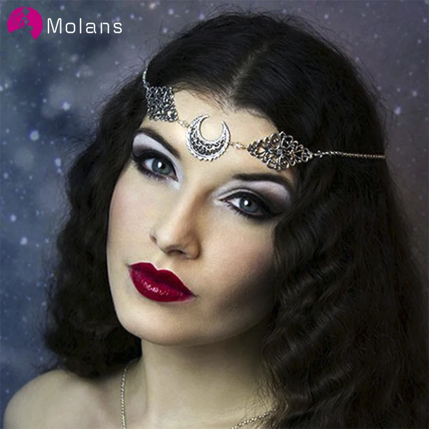 

MOLANS Old-fashioned Hollow Moon Diamond Headband for Bridal Wedding Accessories Simple Silver Alloy Crystal Handmade Head Chain