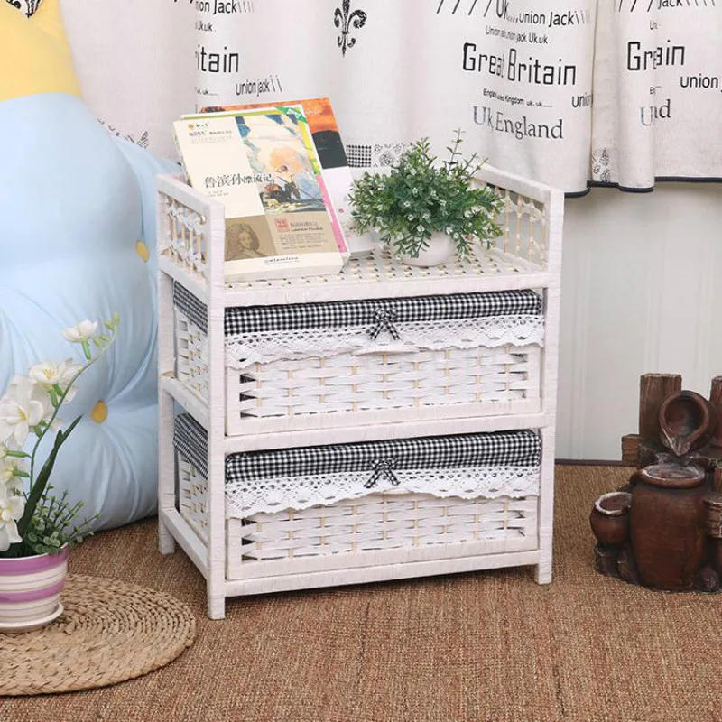 

Two-layer white rattan storage cabinet drawer-style pastoral modern minimalist wooden bedroom bedside table