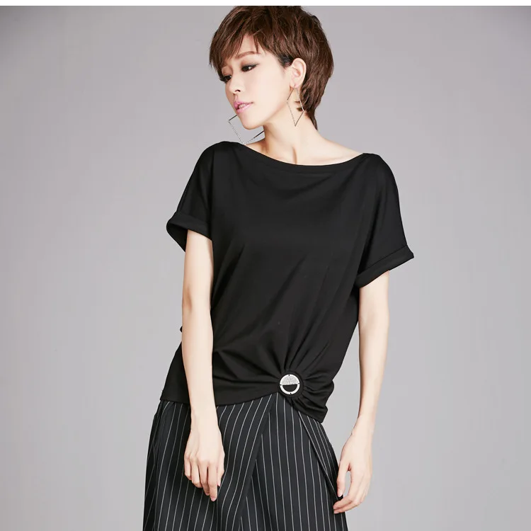 Tshirt European Split Women Style Ac8150 Shirt Summer Black Tee Slash Loose Asymsay Pleated Solid Irregular Joint Neck Tops AZqdCZvw