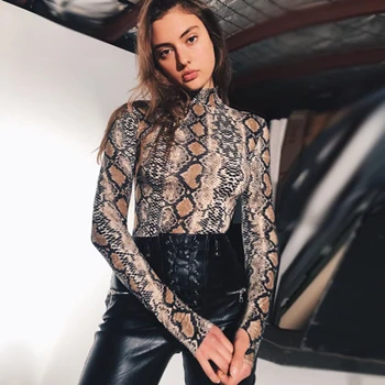 

Spring and summer 2019 sexy snake print jumpsuit slimming long sleeve O-Neck bodysuit women streetwear clothes